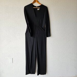Vintage‎ 70s 80s Black Polyester Disco Jumpsuit M Open Leg High Slit V-neck
